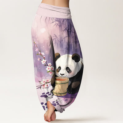 Buddha Stones Pure Cotton Panda Bamboo Blossom Pattern Women's Elastic Waist Harem Pants - image 9