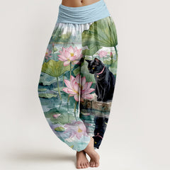 Buddha Stones Pure Cotton Lotus Black Cat Pattern Women's Elastic Waist Harem Pants - LightBlue - US16，UK/AU20，EU48 (3XL) - image 0