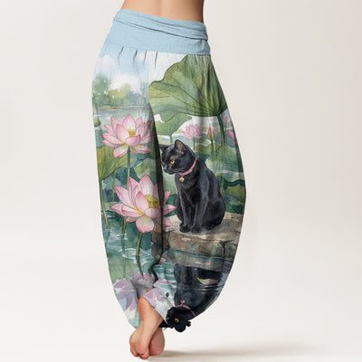Buddha Stones Pure Cotton Lotus Black Cat Pattern Women's Elastic Waist Harem Pants - image 1
