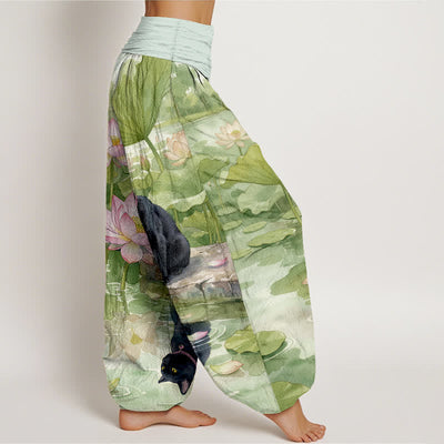 Buddha Stones Pure Cotton Lotus Black Cat Pattern Women's Elastic Waist Harem Pants - image 7