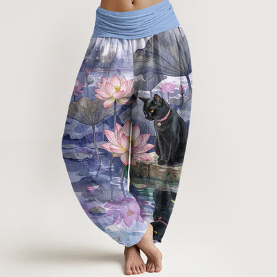 Buddha Stones Pure Cotton Lotus Black Cat Pattern Women's Elastic Waist Harem Pants - MediumPurple - US16，UK/AU20，EU48 (3XL) - image 8