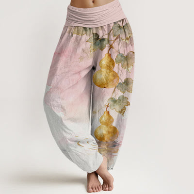Buddha Stones Cotton Golden Gourd Leaf Pattern Women's Elastic Waist Harem Pants - Pink - US16，UK/AU20，EU48 (3XL) - image 0