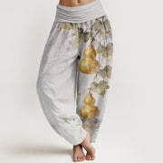 Foviel Baumwolle Goldene Kürbis Blattmuster Damen elastische Taille Harem Hose