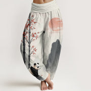 Foviel Cotton Ink Bamboo Panda Pattern Women's Elastic Waist Harem Pants