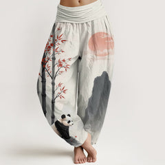Buddha Stones Cotton Ink Bamboo Panda Pattern Women's Elastic Waist Harem Pants - Beige - US16，UK/AU20，EU48 (3XL) - image 0