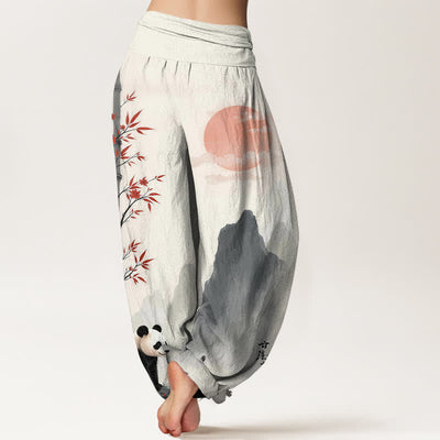 Buddha Stones Cotton Ink Bamboo Panda Pattern Women's Elastic Waist Harem Pants - image 1