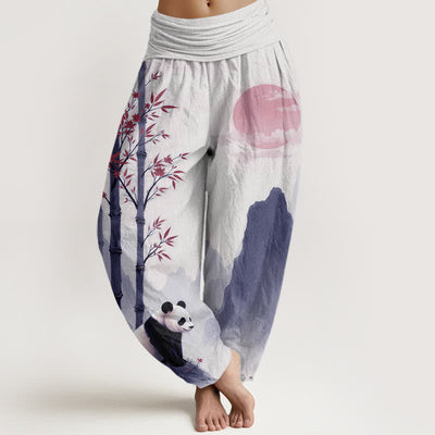 Buddha Stones Cotton Ink Bamboo Panda Pattern Women's Elastic Waist Harem Pants - White - US16，UK/AU20，EU48 (3XL) - image 8