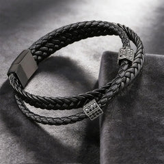 Buddha Stones Black Leather Hand-Woven Braided Titanium Steel Strength Multi-Wrap Bracelet - image 0
