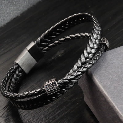 Buddha Stones Black Leather Hand-Woven Braided Titanium Steel Strength Multi-Wrap Bracelet - Black - image 1