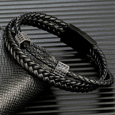 Buddha Stones Black Leather Hand-Woven Braided Titanium Steel Strength Multi-Wrap Bracelet - image 2