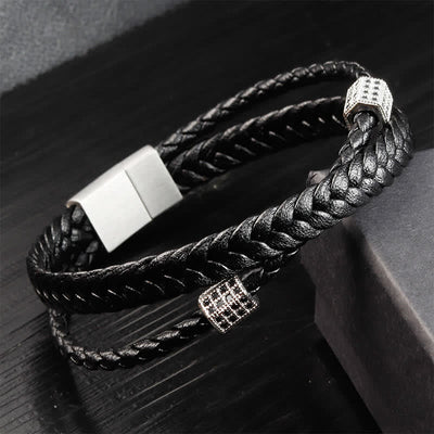 Buddha Stones Black Leather Hand-Woven Braided Titanium Steel Strength Multi-Wrap Bracelet - Steel - image 6