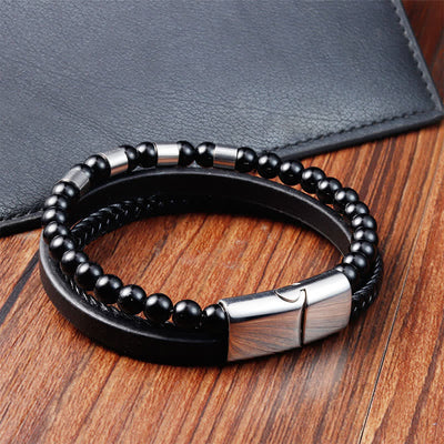 Buddha Stones Black Leather Strength Braided Double Layer Bracelet - image 11