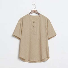 Buddha Stones Summer Casual Tang Style Frog Button Solid Men's Short Sleeve Shirts - Tan - US/UK/AU46，EU56 (5XL) - image 0