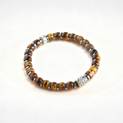 Buddha Stones Natural Tiger Eye Antique Silver Lion Confidence Bead Bracelet - 7.5–7.9 in (19–20 cm) - image 1