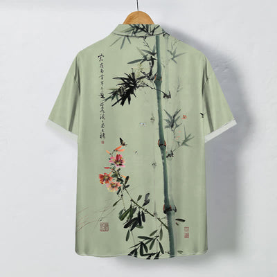 Buddha Stones Ink Bamboo Blossom Bird Calligraphy Pattern Buttons Breathable Men's Short Sleeve Shirt - image 4