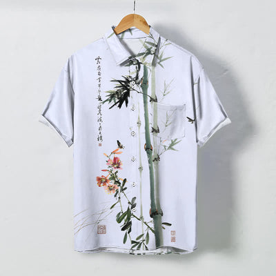 Buddha Stones Ink Bamboo Blossom Bird Calligraphy Pattern Buttons Breathable Men's Short Sleeve Shirt - 	LightSkyBlue - US/UK/AU48，EU58 (4XL) - image 5