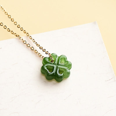 Buddha Stones Jade Four Leaf Clover Luck Hand Carved Pendant Necklace - image 1
