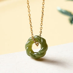 Buddha Stones Hand Carved Hetian Jade Fried Dough Twists Blessing Vintage Necklace - 925 Sterling Silver(Blessing♥Calm) - Natural Jade(Color May Vary) - image 0