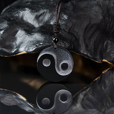 Buddha Stones Black Obsidian Yin Yang Balance Round Pendant Necklace - image 3
