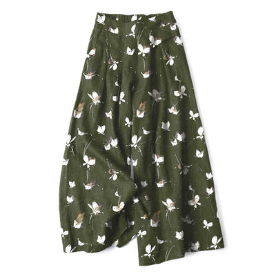 Buddha Stones Cotton Linen Vintage Floral White Butterfly Pattern Women's Elastic Waist Wide Leg Pants With Pockets - DarkOliveGreen - US16，UK/AU20，EU48 (3XL) - image 4