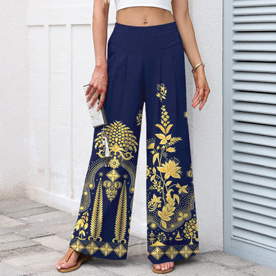 Buddha Stones Cotton Linen Bohemian Golden Floral Pattern Women's Elastic Waist Wide Leg Pants With Pockets - image 7