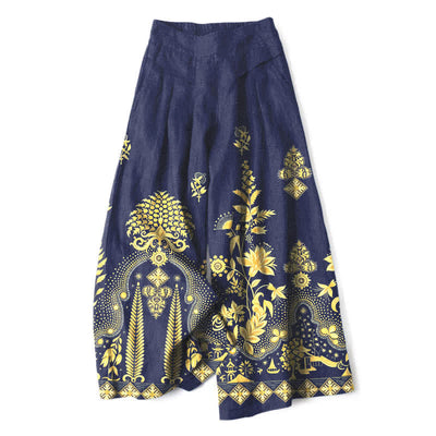 Buddha Stones Cotton Linen Bohemian Golden Floral Pattern Women's Elastic Waist Wide Leg Pants With Pockets - Navy - US16，UK/AU20，EU48 (3XL) - image 6