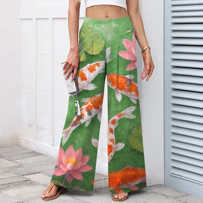 Buddha Stones Cotton Linen Red White Koi Fish Pink Lotus Pattern Women's Elastic Waist Wide Leg Pants With Pockets - image 7