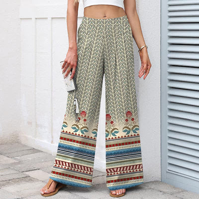 Buddha Stones Cotton Linen Bohemian Geometric Zigzag Pattern Women's Elastic Waist Wide Leg Pants With Pockets - image 1