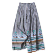 Foviel Baumwolle Leinen Bohemian Geometrisch Zigzag Muster Damen elastische Taille weites Bein Hose mit Taschen