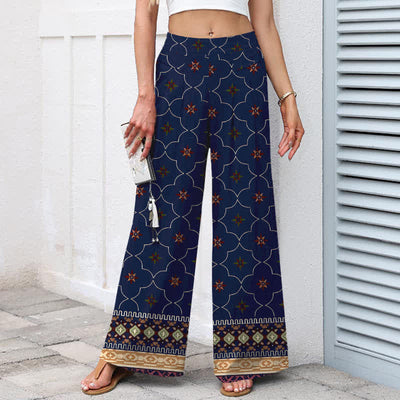 Buddha Stones Cotton Linen Bohemian Geometric Floral Lines Pattern Women's Elastic Waist Wide Leg Pants With Pockets - image 1