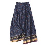 Foviel Cotton Linen Bohemian Geometric Floral Lines Pattern Women's Elastic Waist Wide Leg Pants With Pockets