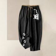 Foviel Pure Cotton Cute Cat Paw Print Pattern Women's Elastic Waist Pants With Pockets