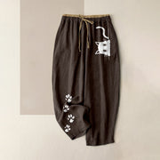 Foviel Pure Cotton Cute Cat Paw Print Pattern Women's Elastic Waist Pants With Pockets
