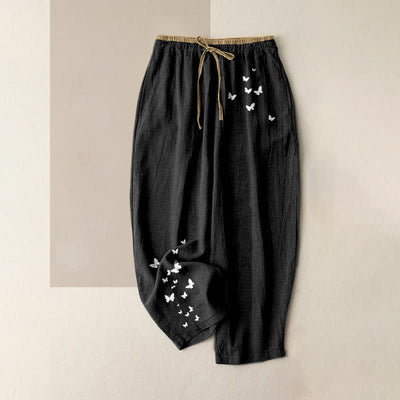 Buddha Stones Pure Cotton White Butterfly Pattern Women's Elastic Waist Pants With Pockets - Black - US16，UK/AU20，EU48 (3XL) - image 4