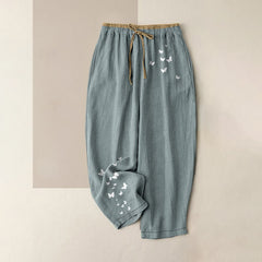 Buddha Stones Pure Cotton White Butterfly Pattern Women's Elastic Waist Pants With Pockets - LightBlue - US16，UK/AU20，EU48 (3XL) - image 0