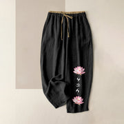 Foviel reine Baumwolle rosa Lotus OM Zen Muster Damen elastische Taille Hosen mit Taschen