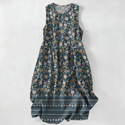 Robe midi d'été décontractée Foviel pour femme à motifs floraux, feuillages et rayures, sans manches, avec poches