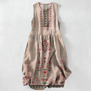 Foviel Summer Casual Vintage Geometry Small Red Floral Pattern Women's Summer Sleeveless Midi Dress With Pockets