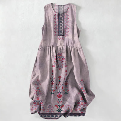 Buddha Stones Summer Casual Vintage Geometry Small Red Floral Pattern Women's Summer Sleeveless Midi Dress With Pockets - Thistle - US16，UK/AU20，EU48 (3XL) - image 5