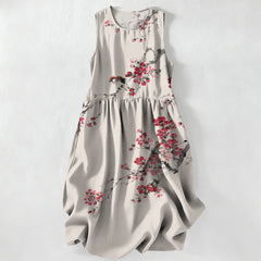 Buddha Stones Summer Casual Pink Blossom Branches Pattern Women's Summer Sleeveless Midi Dress With Pockets - Beige - US16，UK/AU20，EU48 (3XL) - image 0