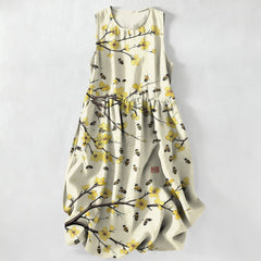 Buddha Stones Summer Casual Yellow Floral Branch Pattern Women's Summer Sleeveless Midi Dress With Pockets - Beige - US16，UK/AU20，EU48 (3XL) - image 0