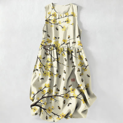 Buddha Stones Summer Casual Yellow Floral Branch Pattern Women's Summer Sleeveless Midi Dress With Pockets - Beige - US16，UK/AU20，EU48 (3XL) - image 0