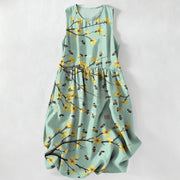 Foviel Sommer Casual Gelb Floral Zweig Muster Damen Sommer Ärmellos Midi-Kleid mit Taschen