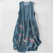 Foviel Summer Casual Koi Fish Ripple Pattern Women's Summer Sleeveless Midi Dress With Pockets