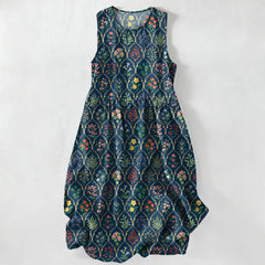 Buddha Stones Summer Casual Various Colorful Floral Vine Pattern Women's Summer Sleeveless Midi Dress With Pockets - MidnightBlue - US16，UK/AU20，EU48 (3XL) - image 0