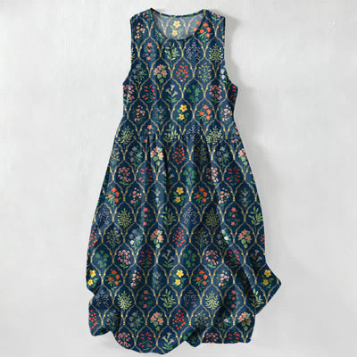 Buddha Stones Summer Casual Various Colorful Floral Vine Pattern Women's Summer Sleeveless Midi Dress With Pockets - MidnightBlue - US16，UK/AU20，EU48 (3XL) - image 0