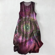 Foviel Summer Casual Cosmic Mandala Galaxy Pattern Women's Summer Sleeveless Midi Dress With Pockets