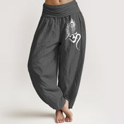 Foviel reine Baumwolle Om Feather Muster Damen elastische Taille Harem Hose