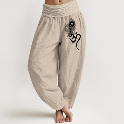 Buddha Stones Pure Cotton Om Feather Pattern Women's Elastic Waist Harem Pants - Tan - US16，UK/AU20，EU48 (3XL) - image 14
