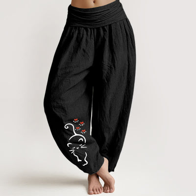 Buddha Stones Pure Cotton Cat Line Cartoon Pattern Women's Elastic Waist Harem Pants - Black - US16，UK/AU20，EU48 (3XL) - image 5